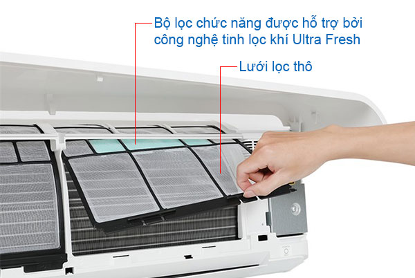 Máy lạnh Toshiba S4KCV2G-V có hai loại lưới lọc chính: lưới lọc thô và bộ lọc chức năng